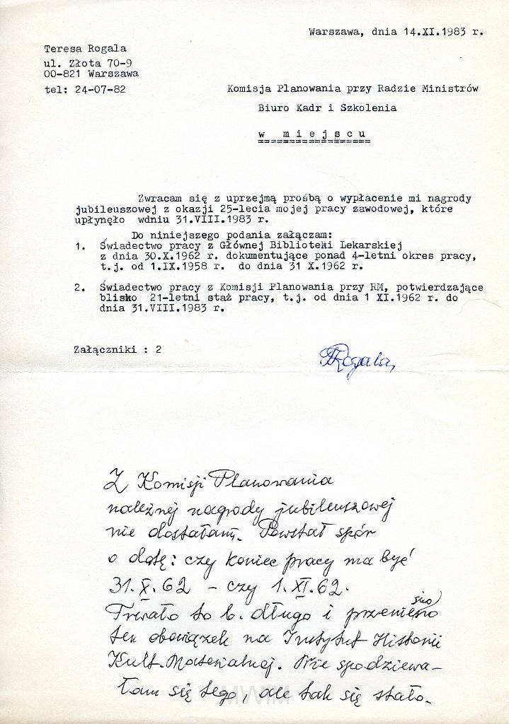 KKE 5901.jpg - Dok. Pismo Teresy Rogala (z domu Graszko) do Komisji Planowania przy Radzie Ministrów Biuro Kadr i Szkolenia w Warszawie dotyczące prośby o wypłacenie nagrody jubileuszowej, Warszawa, 14 XI 1983 r.